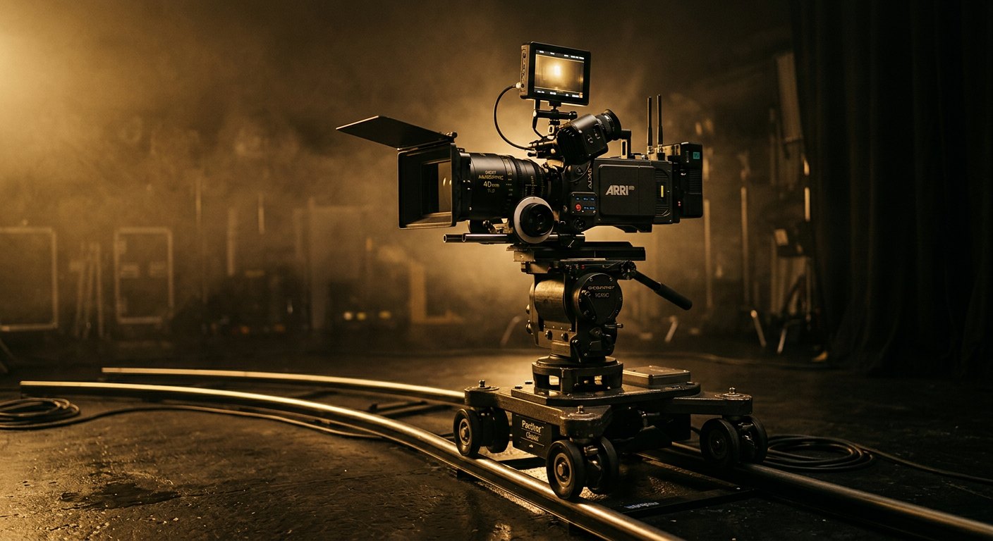 Cinema camera on a dolly in a hazy dark set
