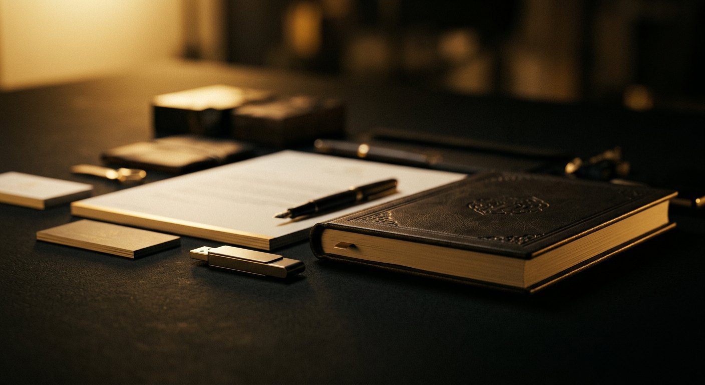 Open brand guideline book with gold grid diagrams on black