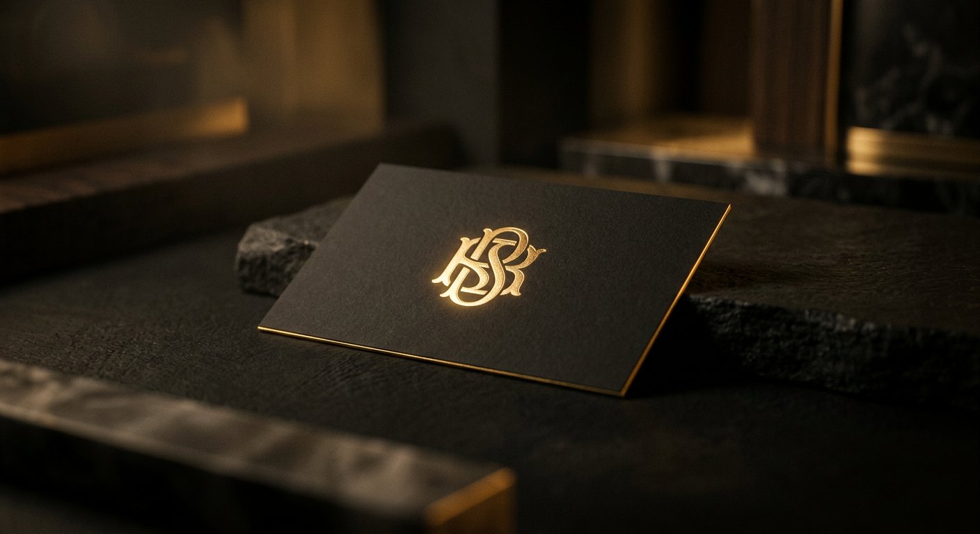 Matte black business cards with a gold foil monogram