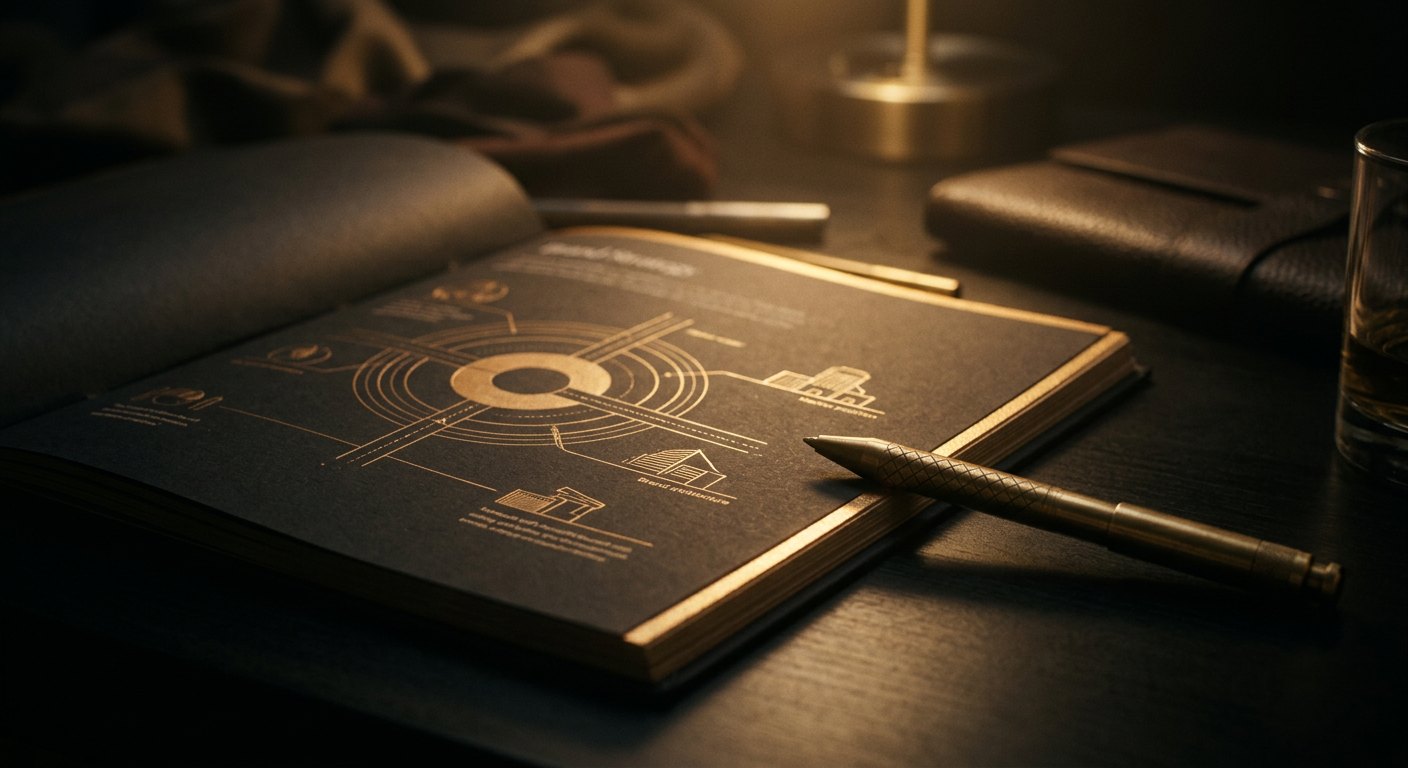 Brand strategy document with gold positioning diagrams on a black desk