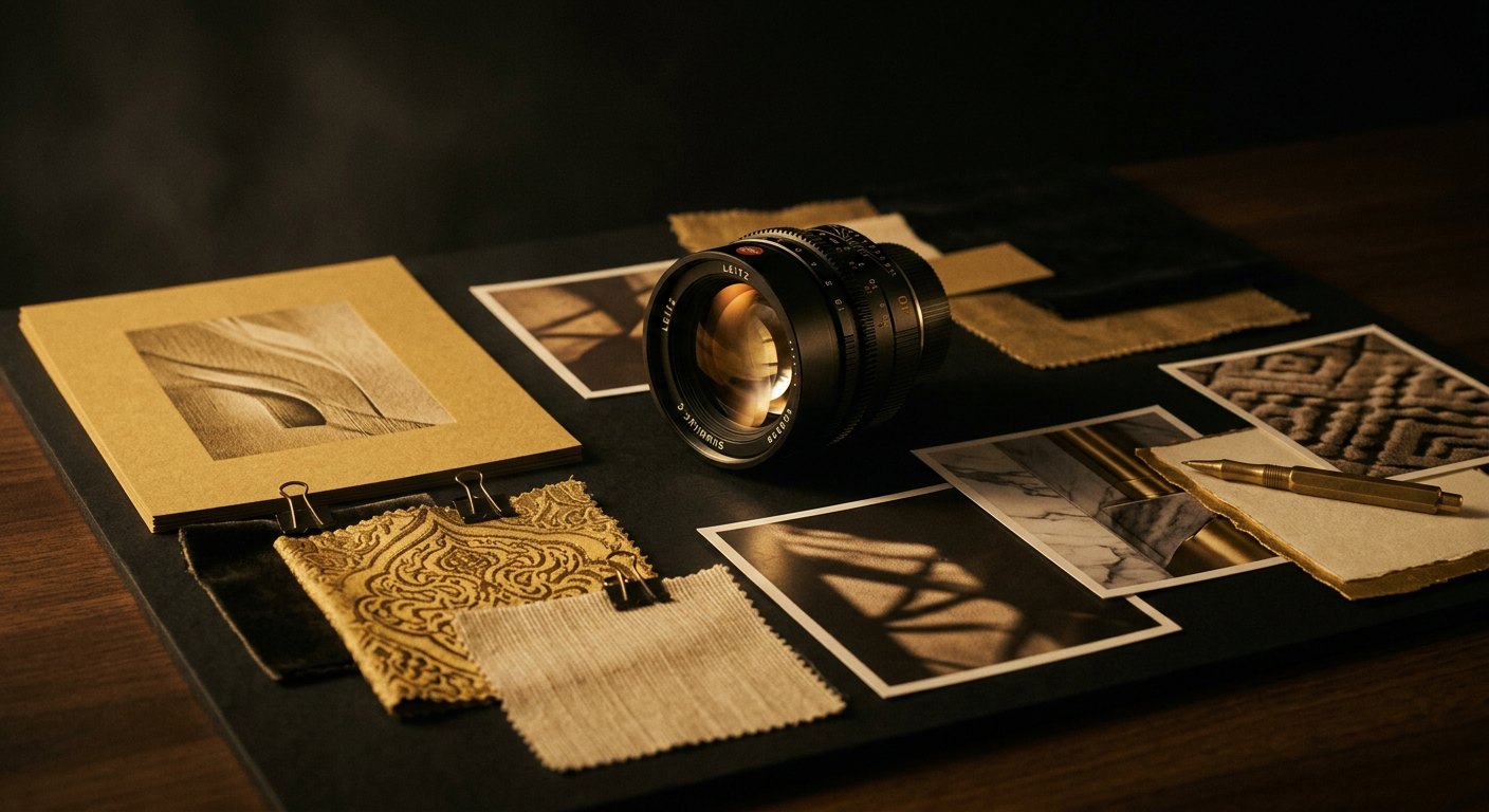 Art direction board of prints, swatches and a camera lens