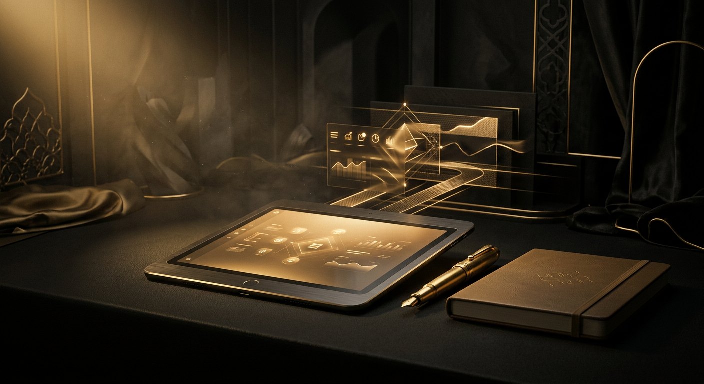 Black control panel with gold data lines flowing between nodes