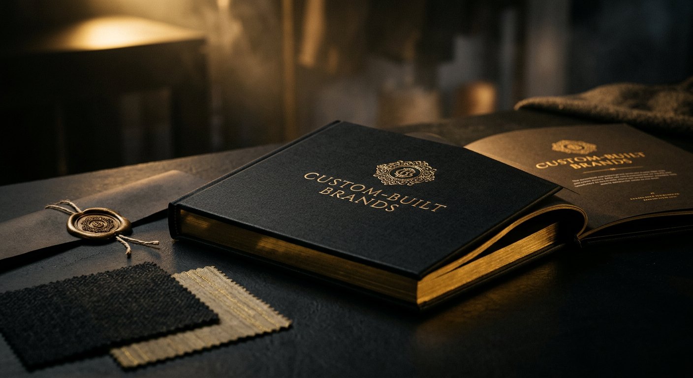 Black brand book with gold emblem, fabric swatches and wax seal