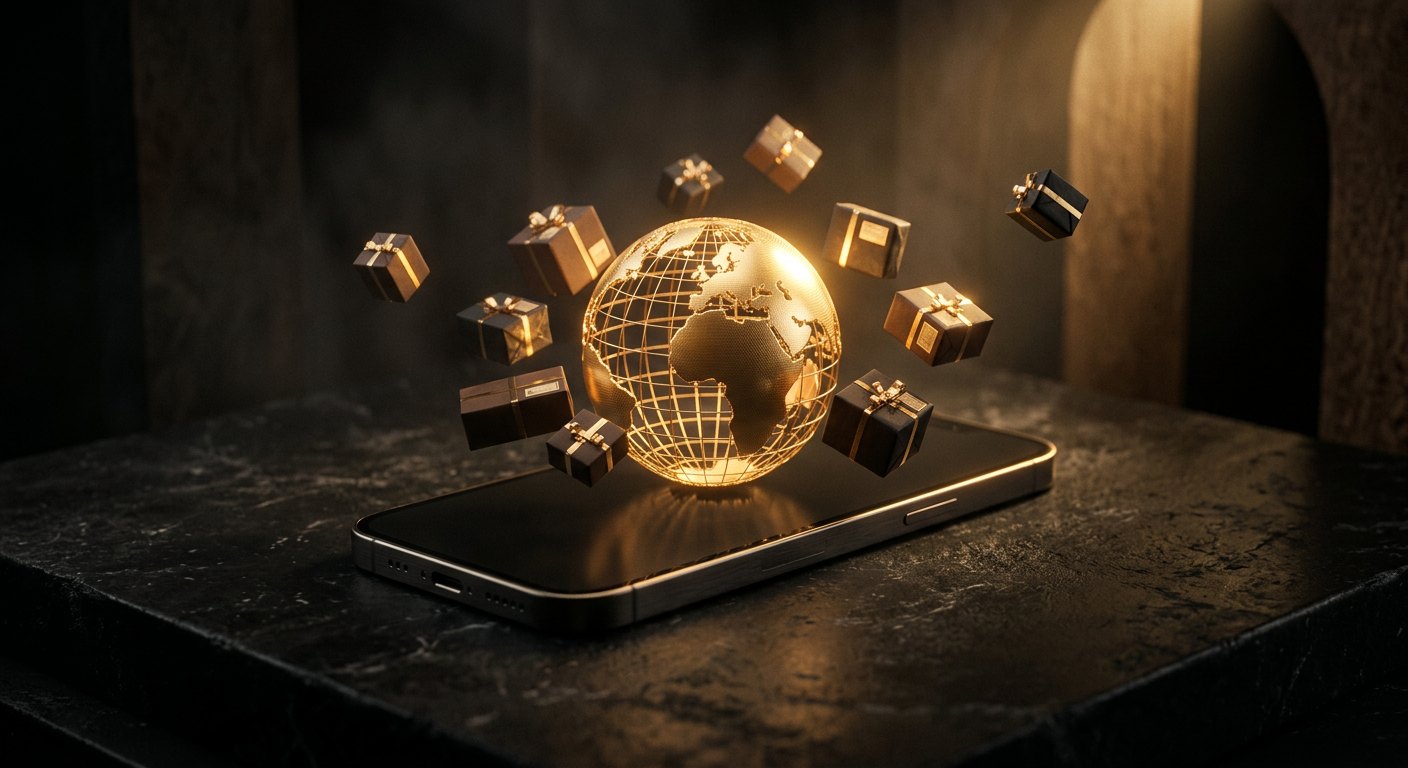 Dark phone with a glowing gold globe and floating parcels