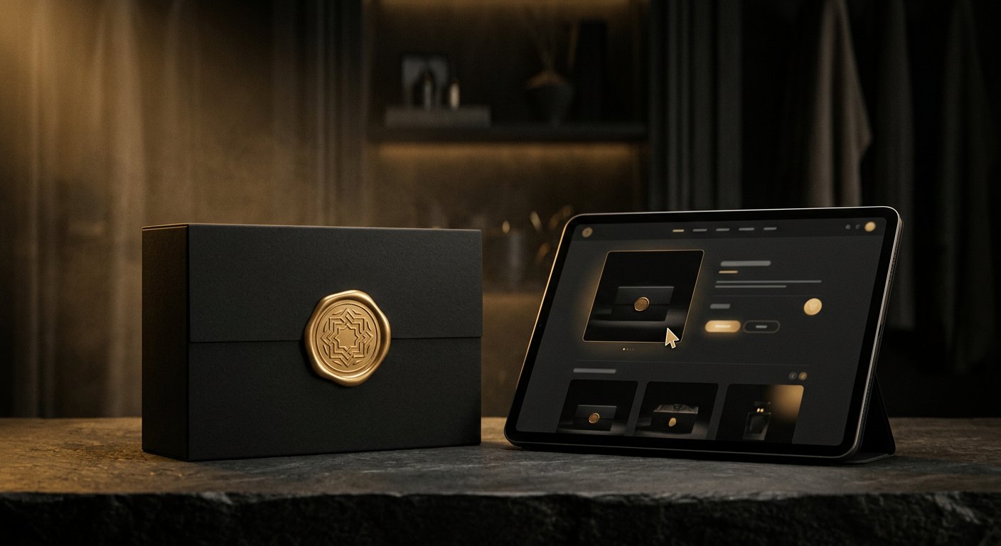 Black packaging with gold seals beside a dark product page