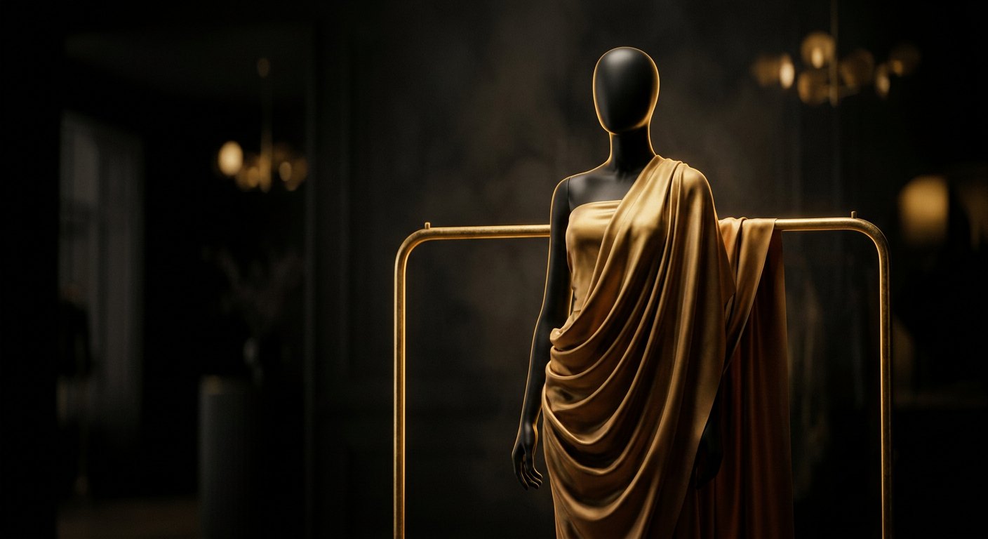Black mannequin with draped silk on a gold garment rail