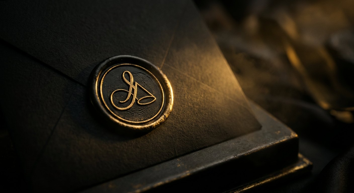 Dark landing page glowing on a screen above a gold reflection
