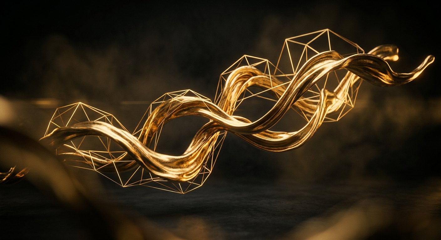 Liquid gold ribbons and wireframe geometry on black