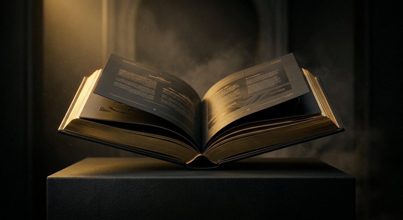 Mirrored black brand books opening in both reading directions