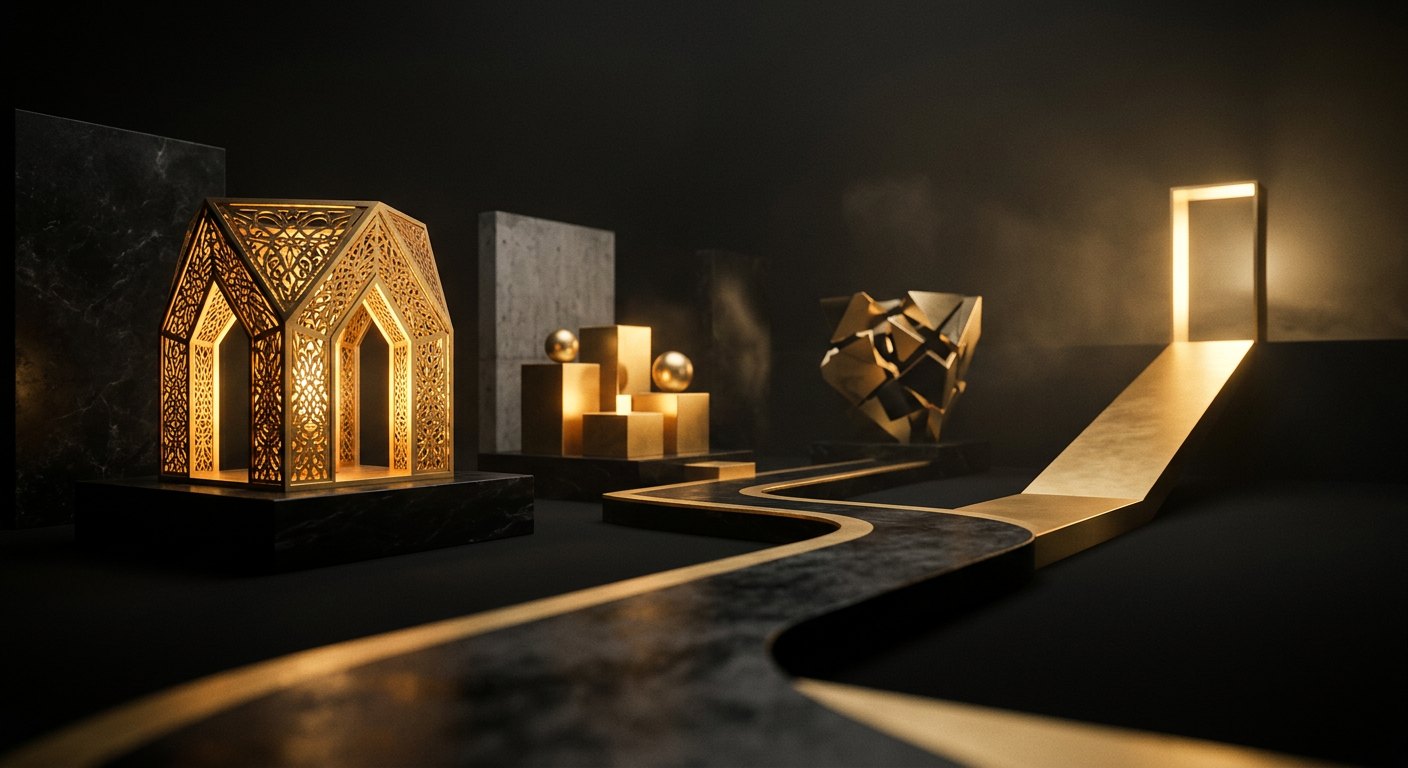 Gold light funnel narrowing through black architectural planes