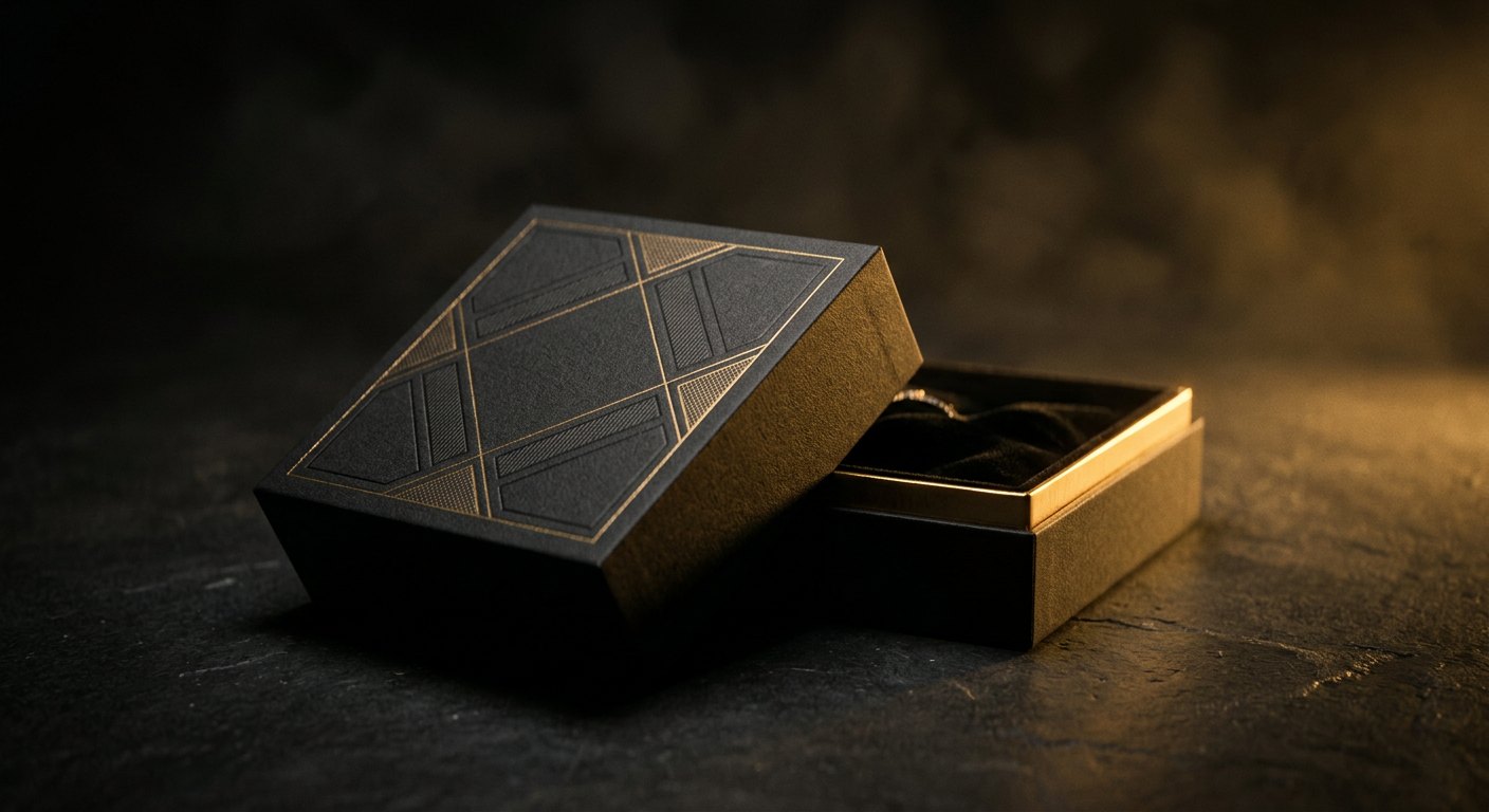 Matte black box with gold foil seal under a single warm light