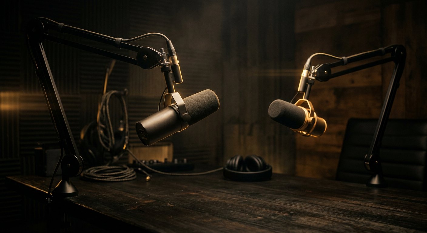 Dark podcast studio with two microphones and gold light