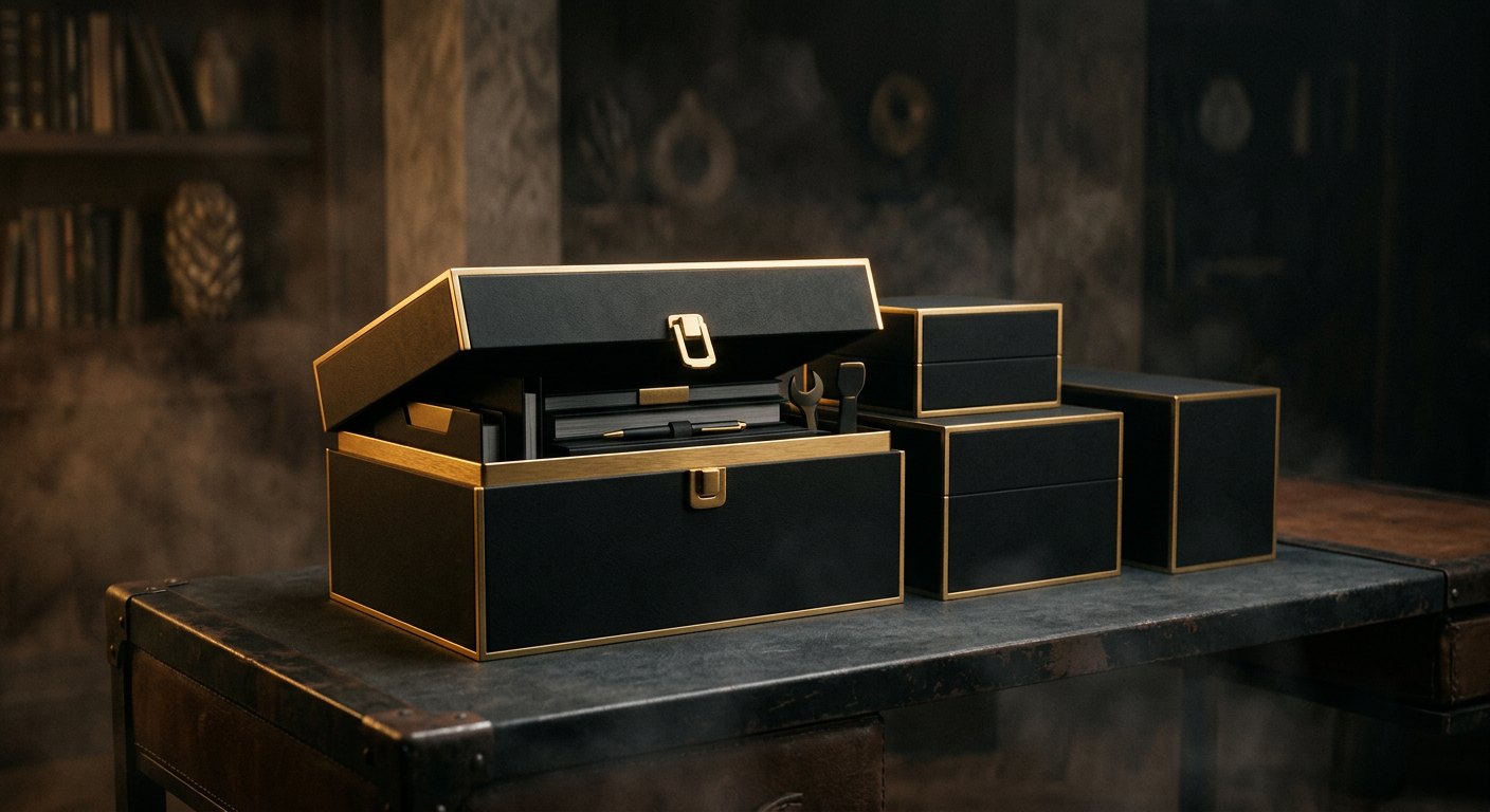 Modular black boxes with gold edges, a business system kit