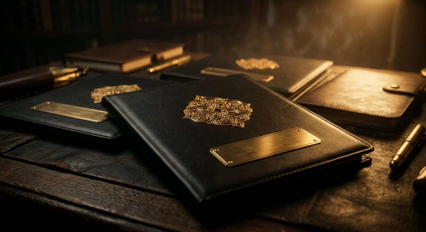 Black property folders with gold emblem and brass plate