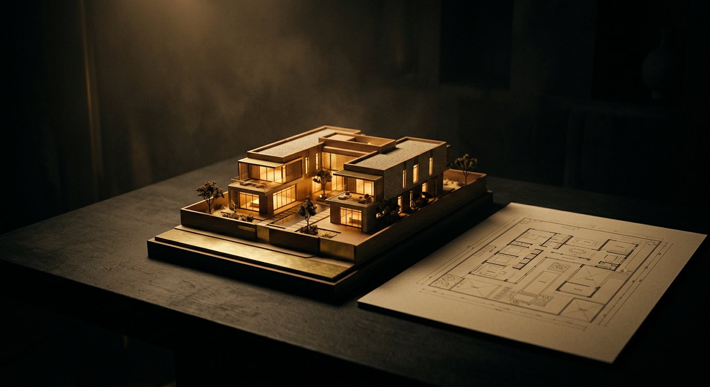 Lit architectural model beside a printed floor plan