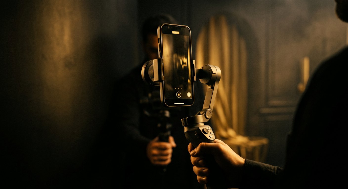 Phone on a gimbal filming a vertical reel in a dark studio