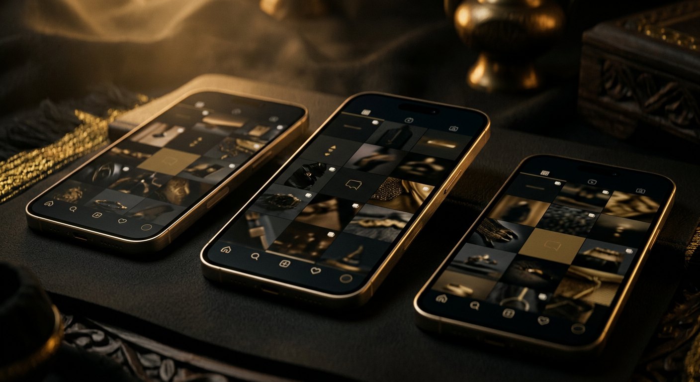 Three phones showing a dark, gold-accented content grid