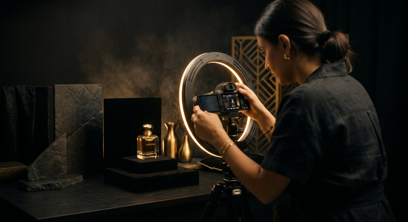 Creator filming a luxury product with a ring light