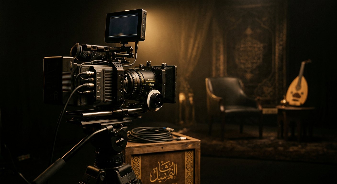 Cinema camera facing a dark interview set